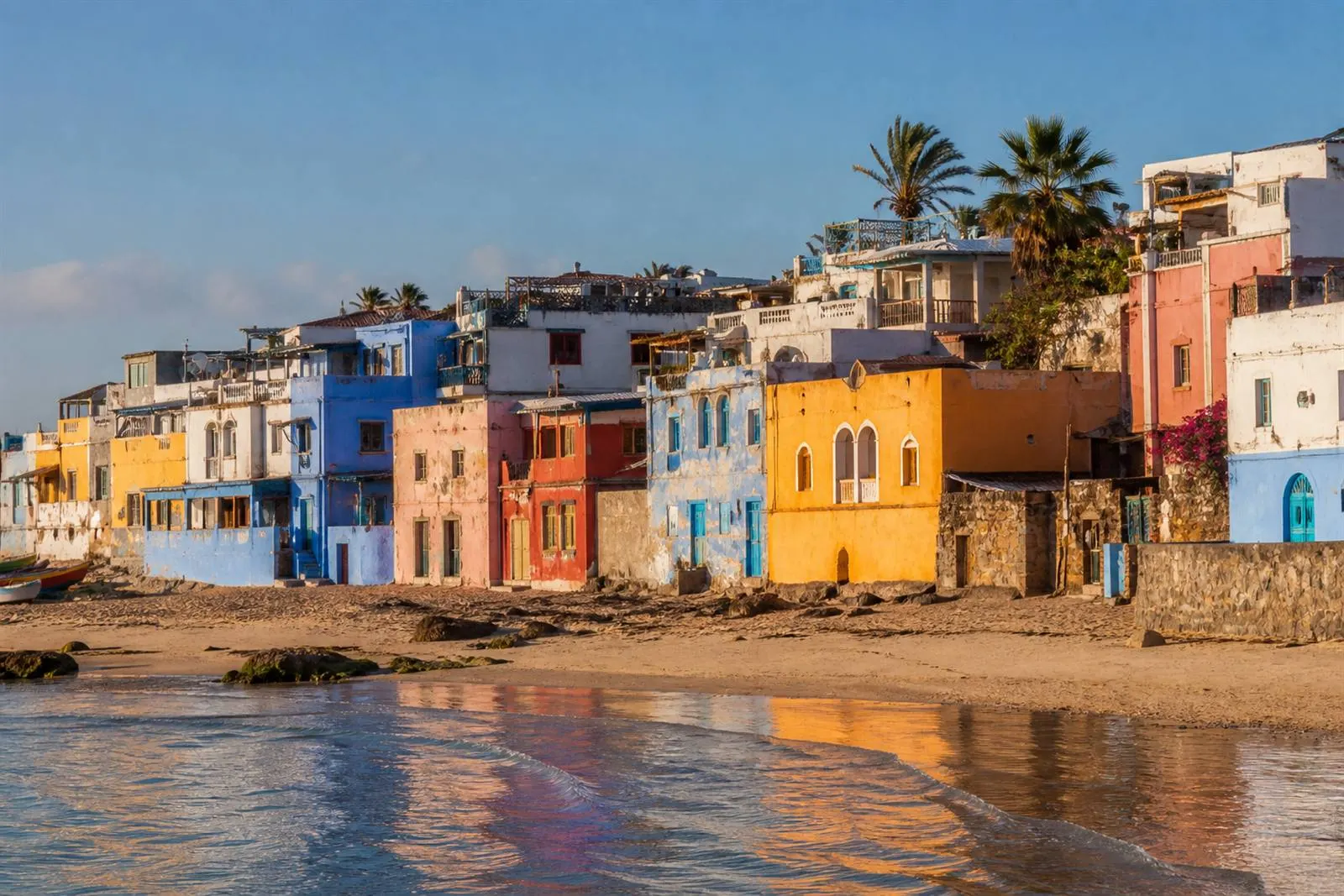 المناطق Ambiance village coloré — maisons peintes au-dessus d'une plage calme